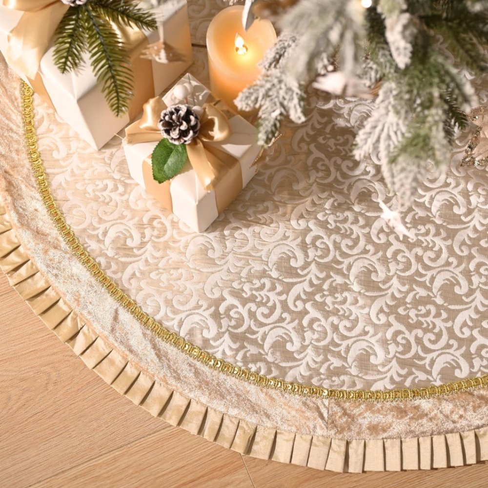 Luxury Gold and White Christmas Tree Skirt, 48-Inch Elegant Velvet & Brocade Holiday Tree Base Cover with Pleated Trim