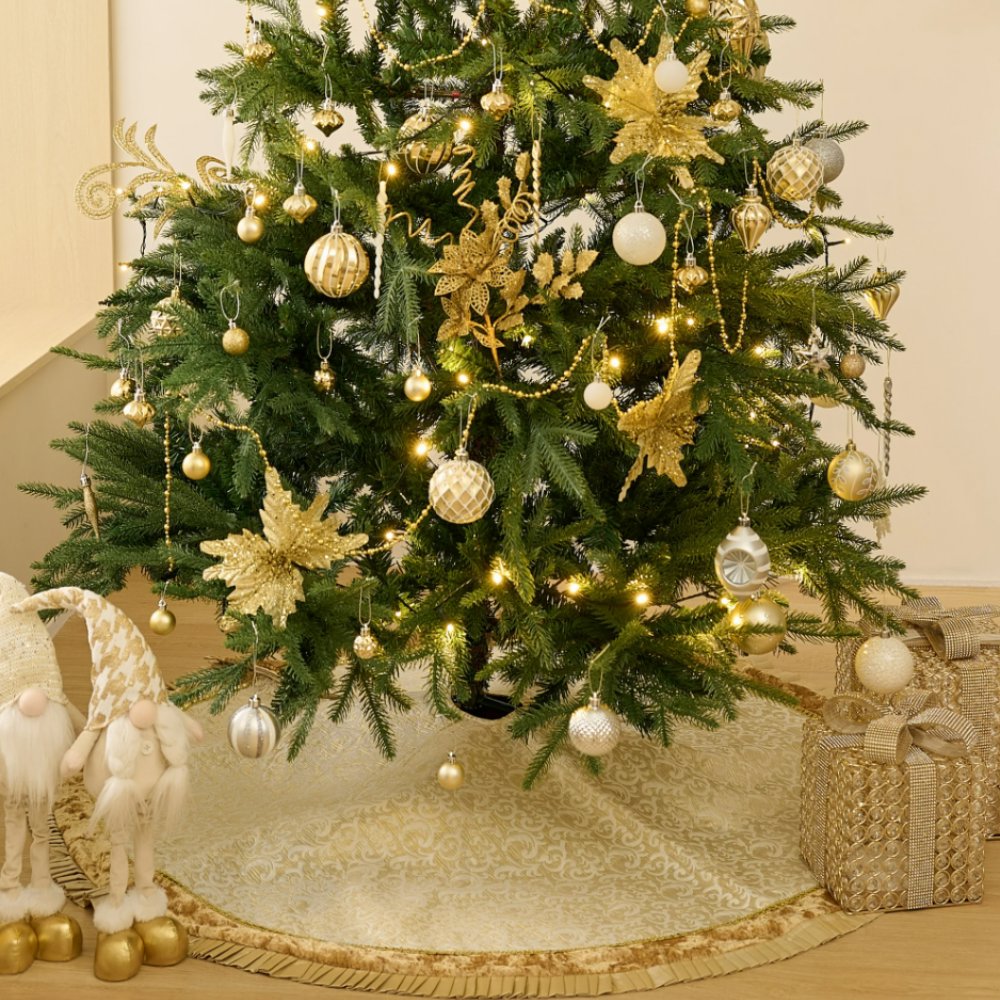 Luxury Gold and White Christmas Tree Skirt, 48-Inch Elegant Velvet & Brocade Holiday Tree Base Cover with Pleated Trim