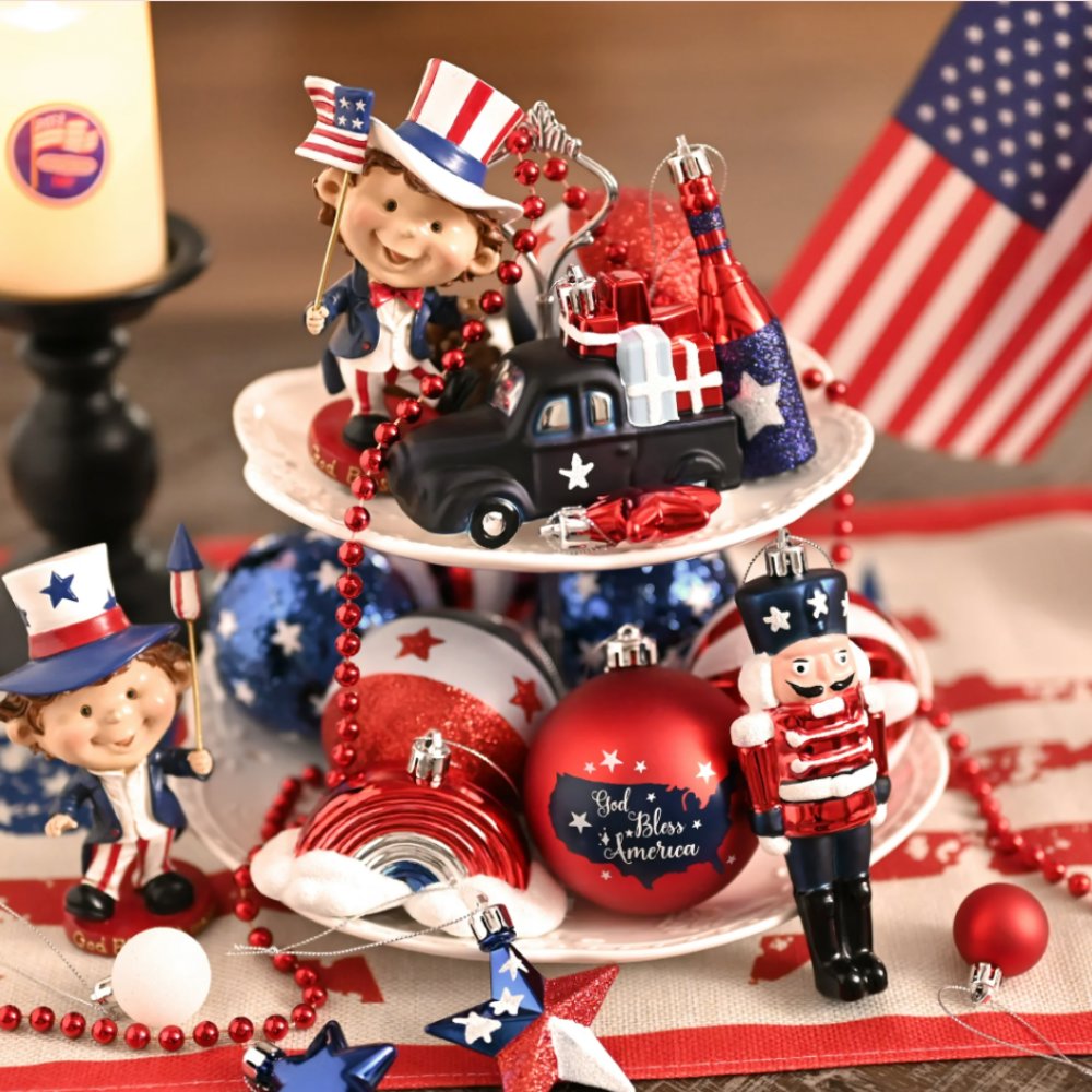 USA Flag Inspired Patriotic Ornament Set, 70pc Red White Blue Baubles
