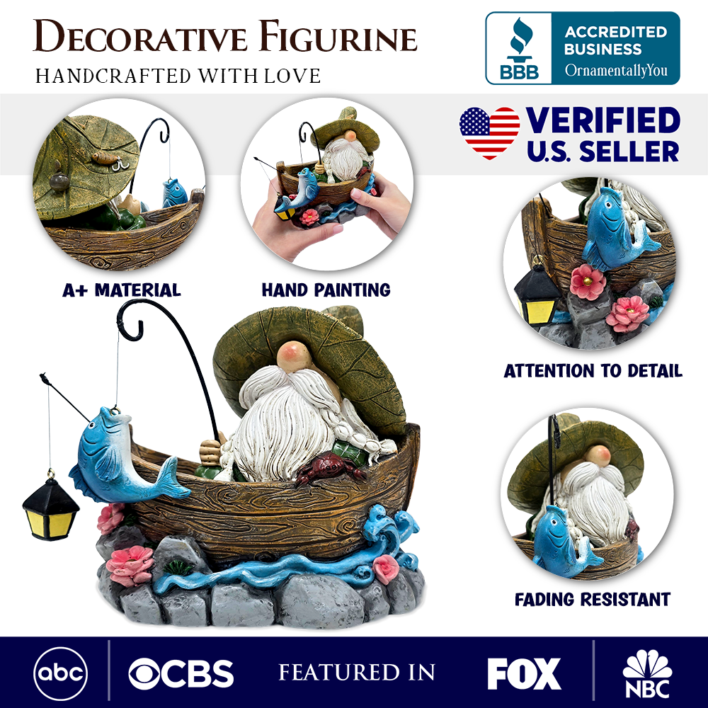 Fishing Gnome with Lantern Garden Statue, 6" Lighted Dwarf Figurine Outdoor Decor