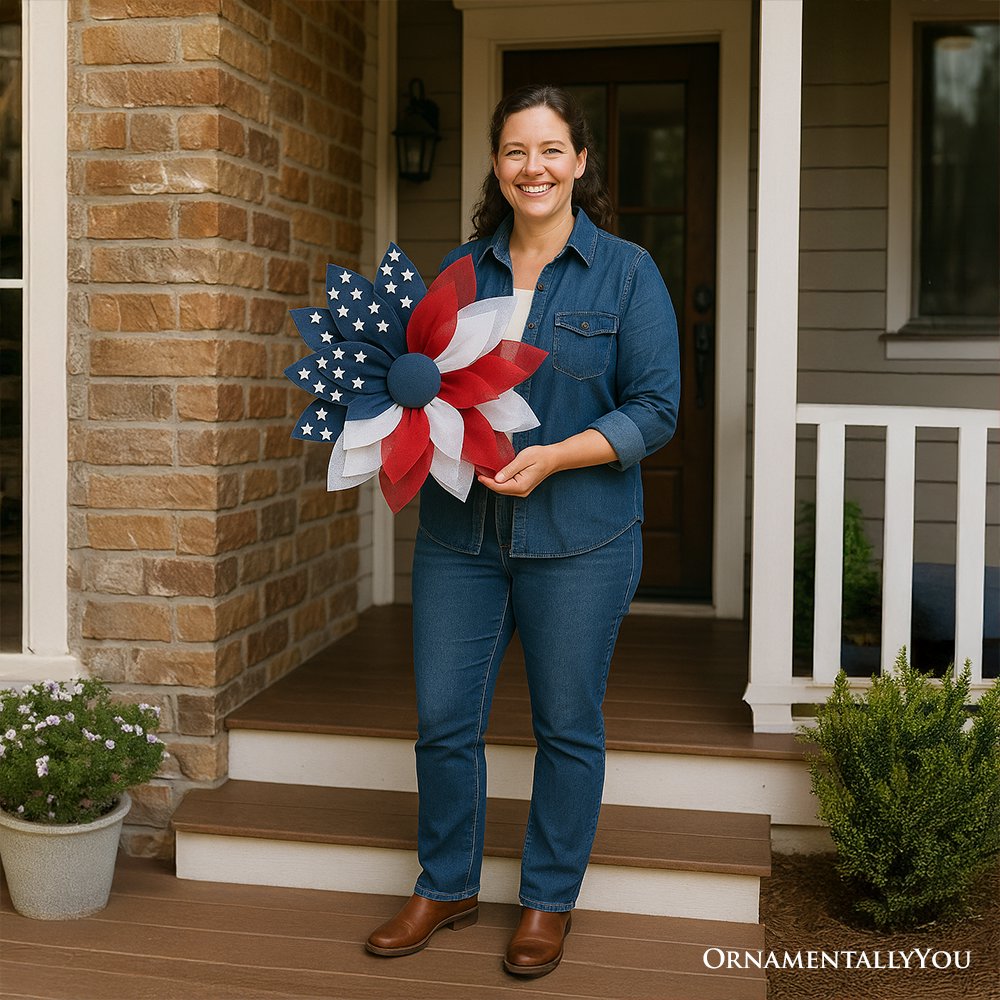 Rustic Burlap Patriotic 22" Wreath, American Flag Style 4th of July Front Door Home Decor