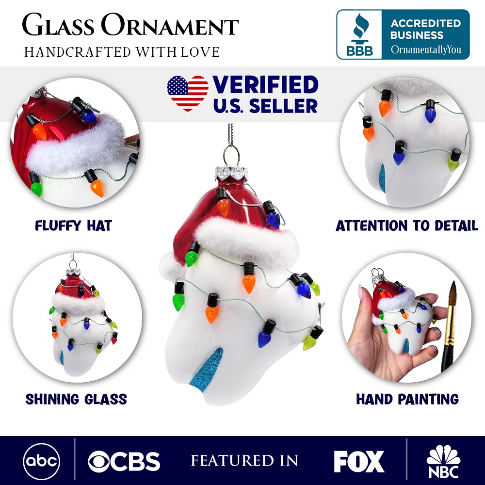 Festive Tooth Glass Christmas Ornament, Dentist Gift and Decor