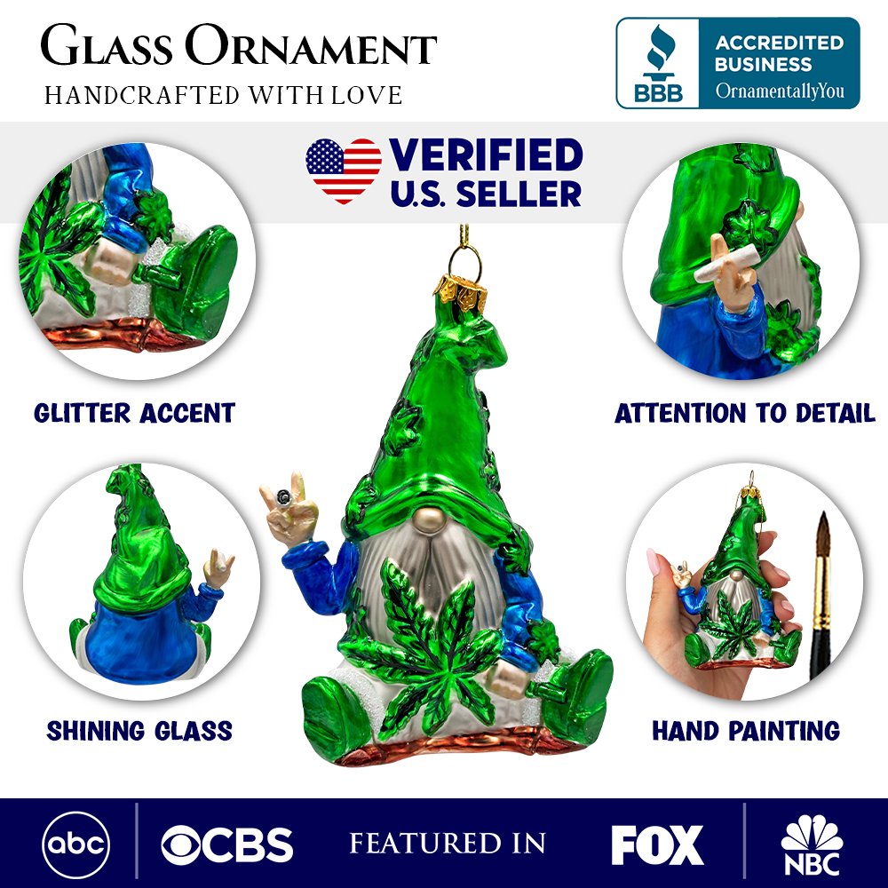 Fun Weed Themed Gnome Glass Ornament, Pothead Smoker Unique Holiday Gift