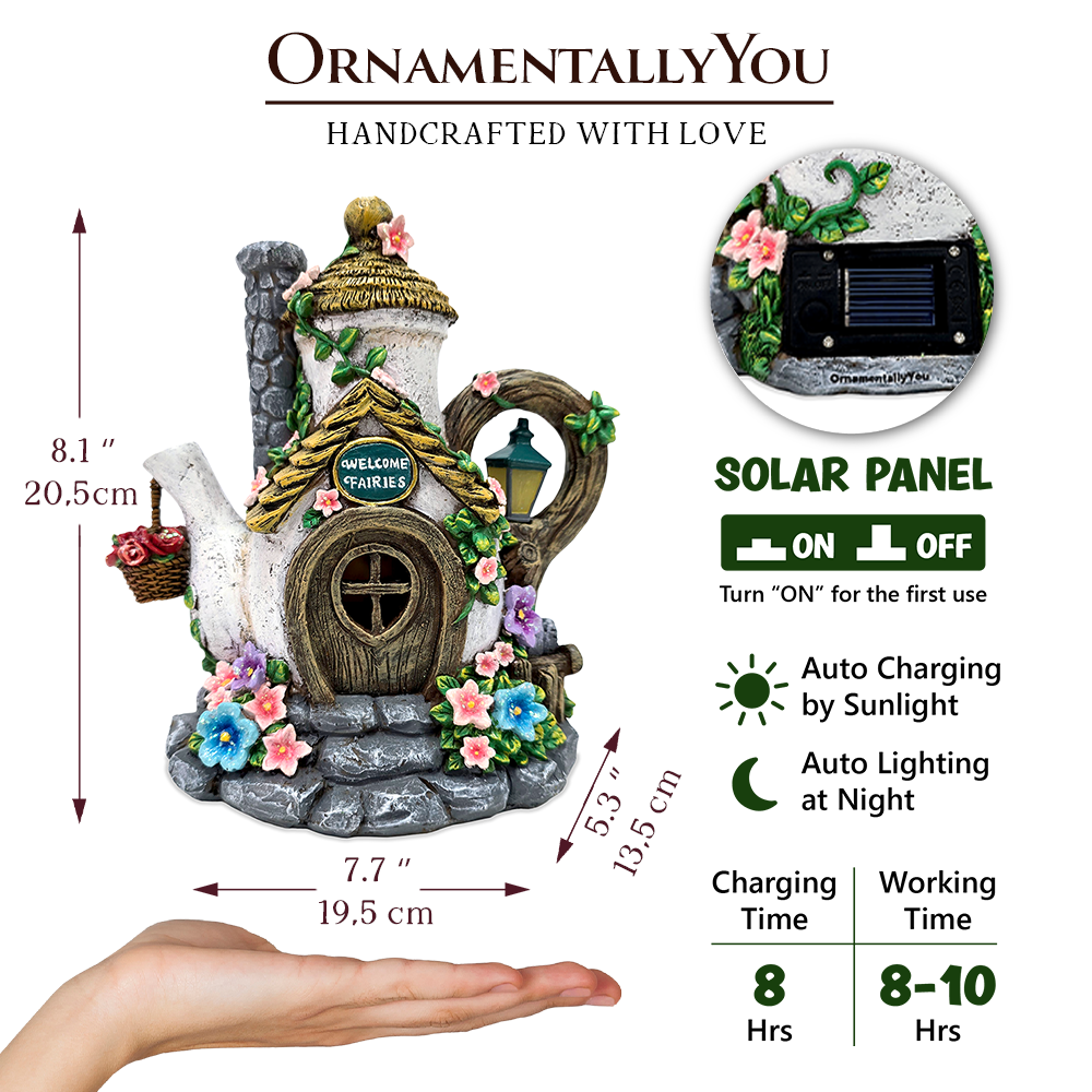 Solar Fairy Tea Pot House Garden Statue, 8 Lighted Mushroom Cottage Figurine Outdoor Decor