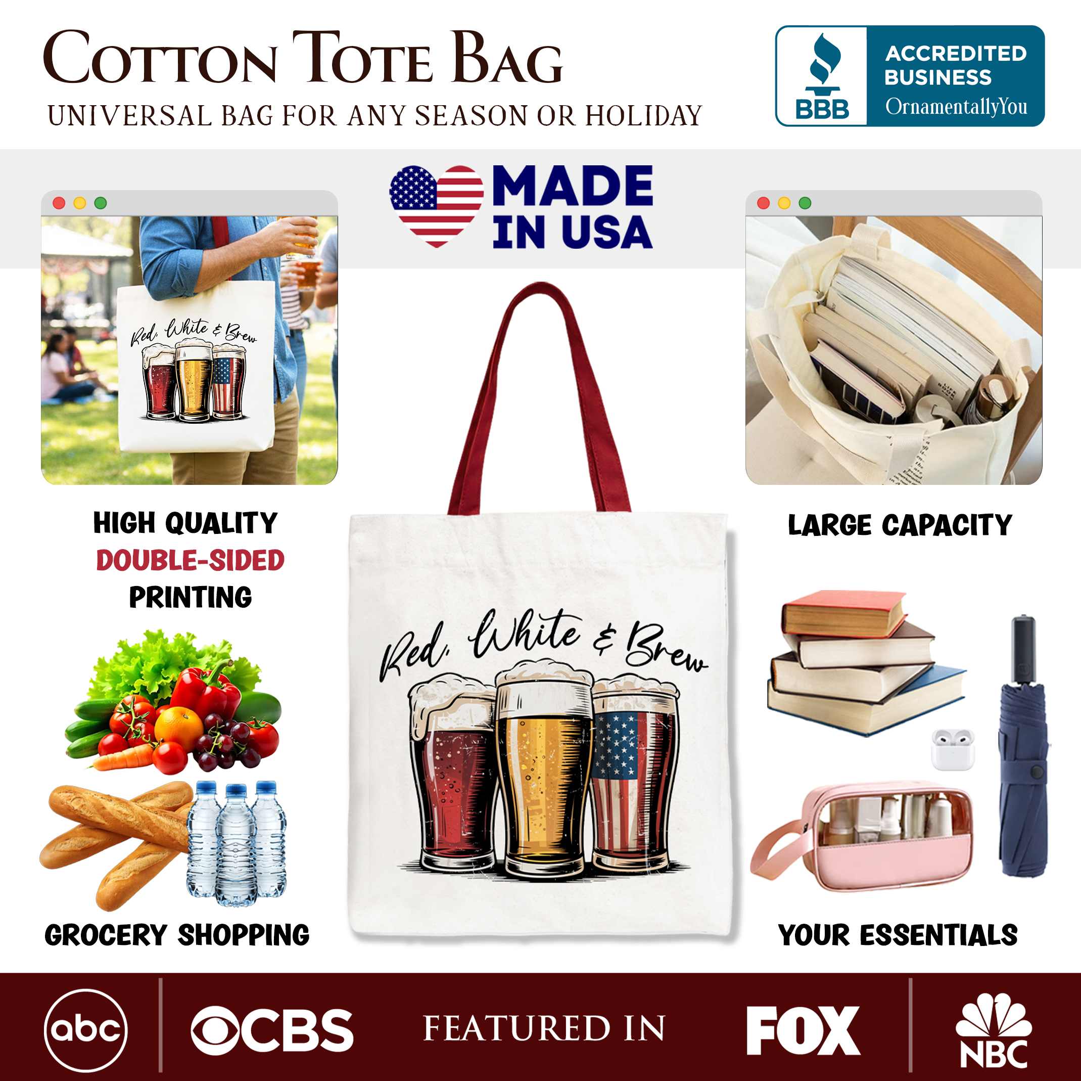 Red White and Brew Beer American Tote Bag, Patriotic USA 4th of July Gift Shopper