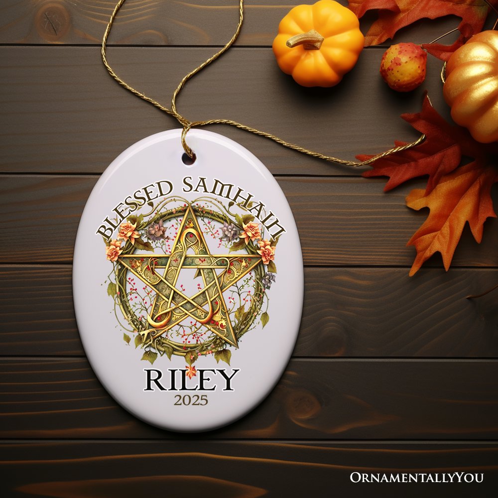 Wiccan Blessed Samhain Personalized Ornament, Witch Sabbat Pentagram Custom Decoration