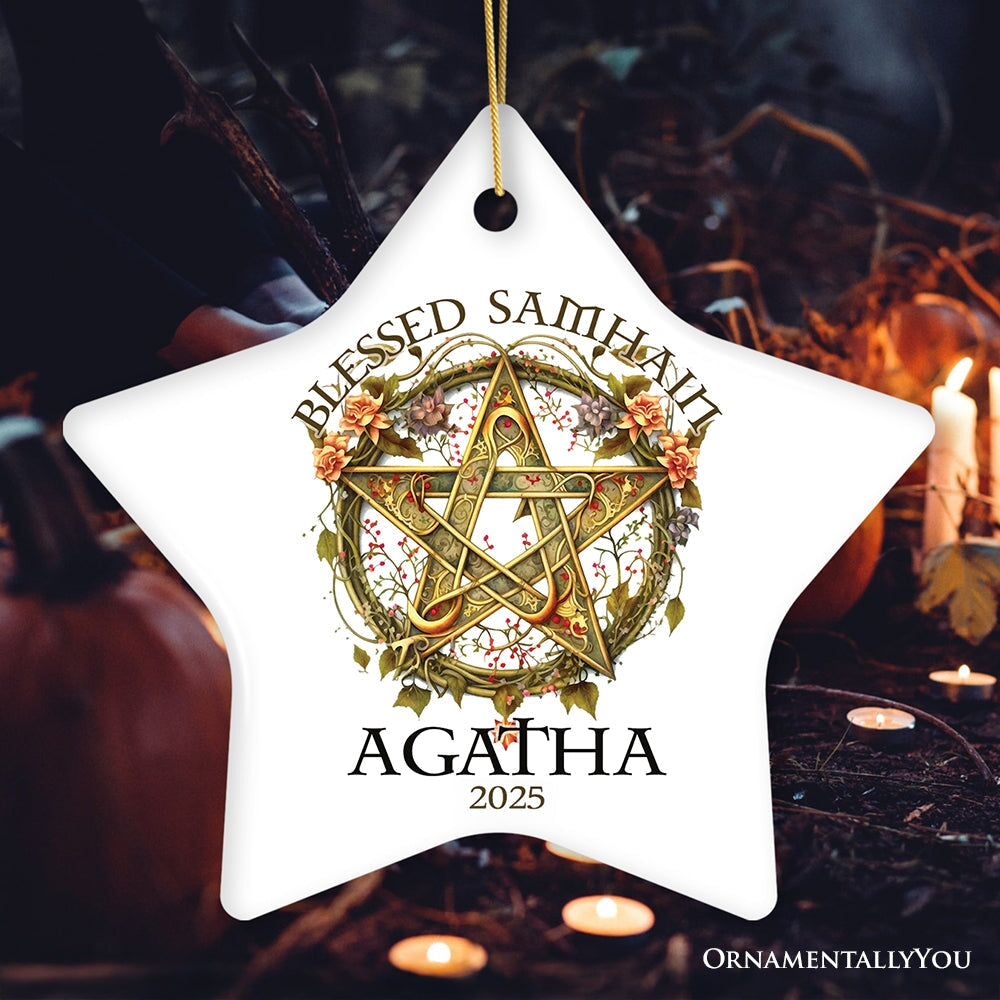 Wiccan Blessed Samhain Personalized Ornament, Witch Sabbat Pentagram Custom Decoration