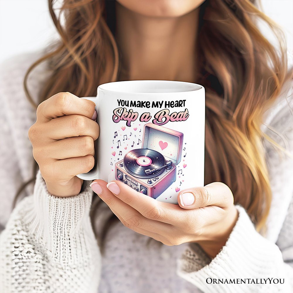 You Make My Heart Skip a Beat Personalized Mug, Vintage Turntable Vinyl Record Player Cute Gift With Custom Name
