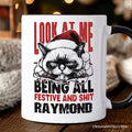 Grumpy Christmas Cat Personalized Mug, Funny Santa Hat Holiday Lights Gift for Sarcastic Festive People with Custom Name