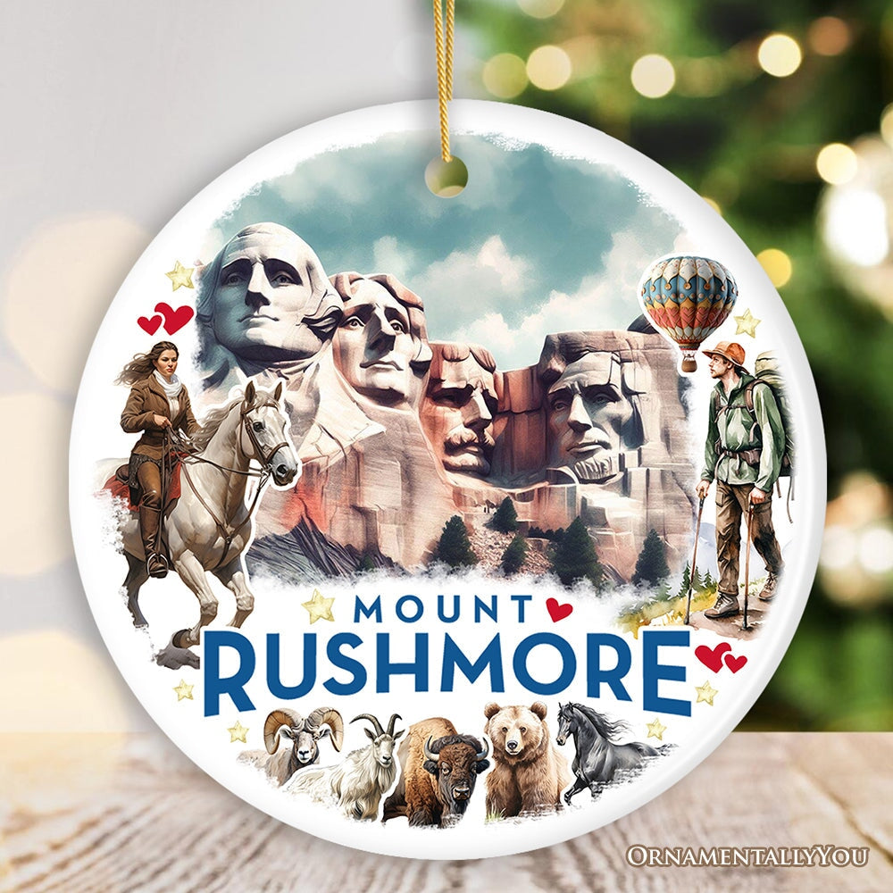 Artistic Watercolor Mount Rushmore Historical Ceramic Ornament, South Dakota Christmas Gift