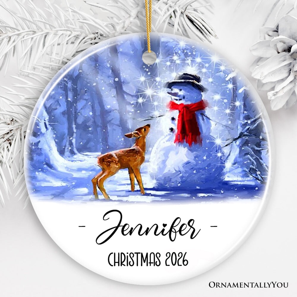 Custom Baby Deer with Snowman Christmas Ornament