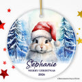 Cute Bunny with Santa Hat Personalized Ornament, Winter Forest Christmas Gift With Custom Name and Date