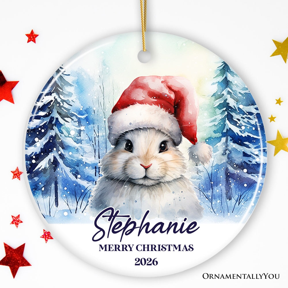 Cute Bunny with Santa Hat Personalized Ornament, Winter Forest Christmas Gift With Custom Name and Date