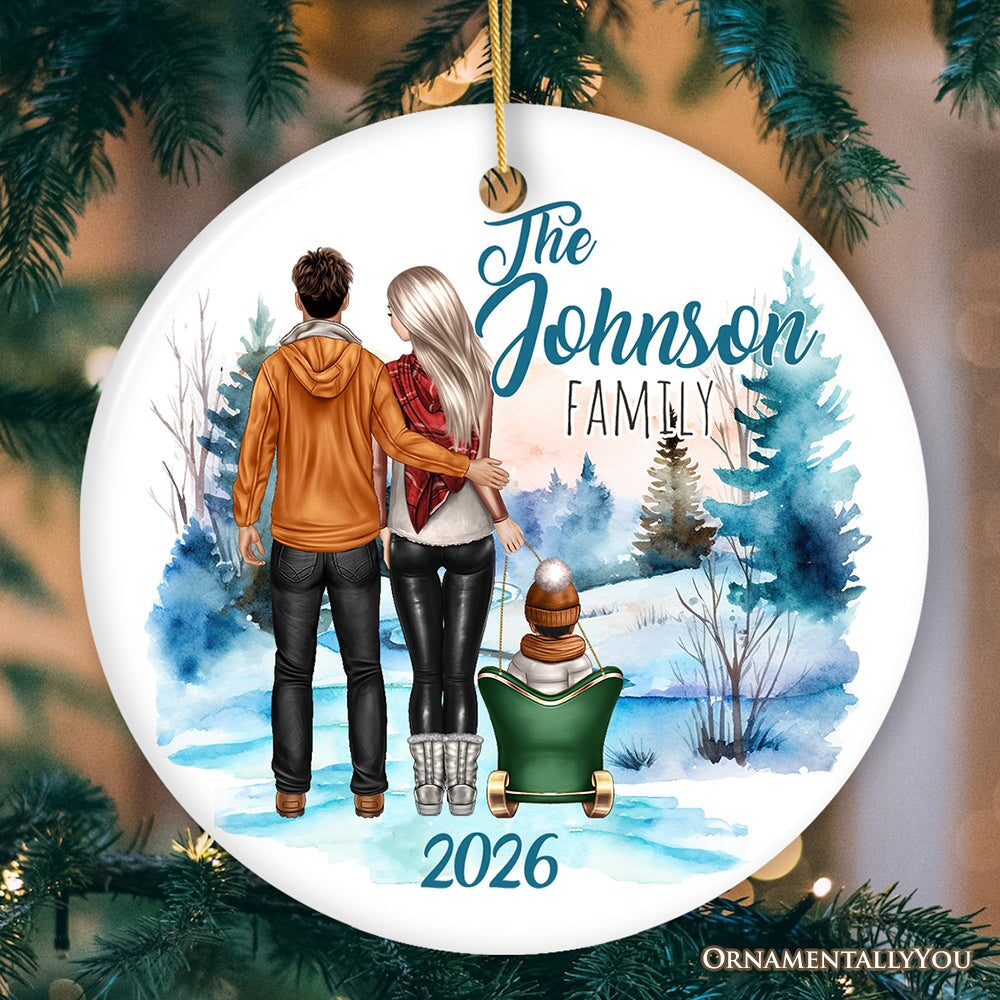 Family of Three Winter Holiday Personalized Gift, Parents & Baby on Sleigh Custom Christmas Ornament