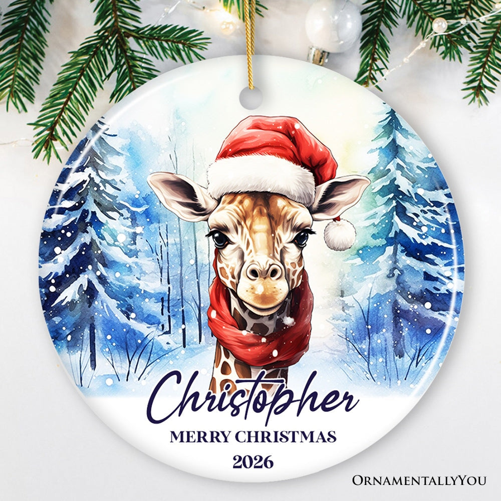 Giraffe with Santa Hat Personalized Ornament, Winter Forest Christmas Gift With Custom Name and Date