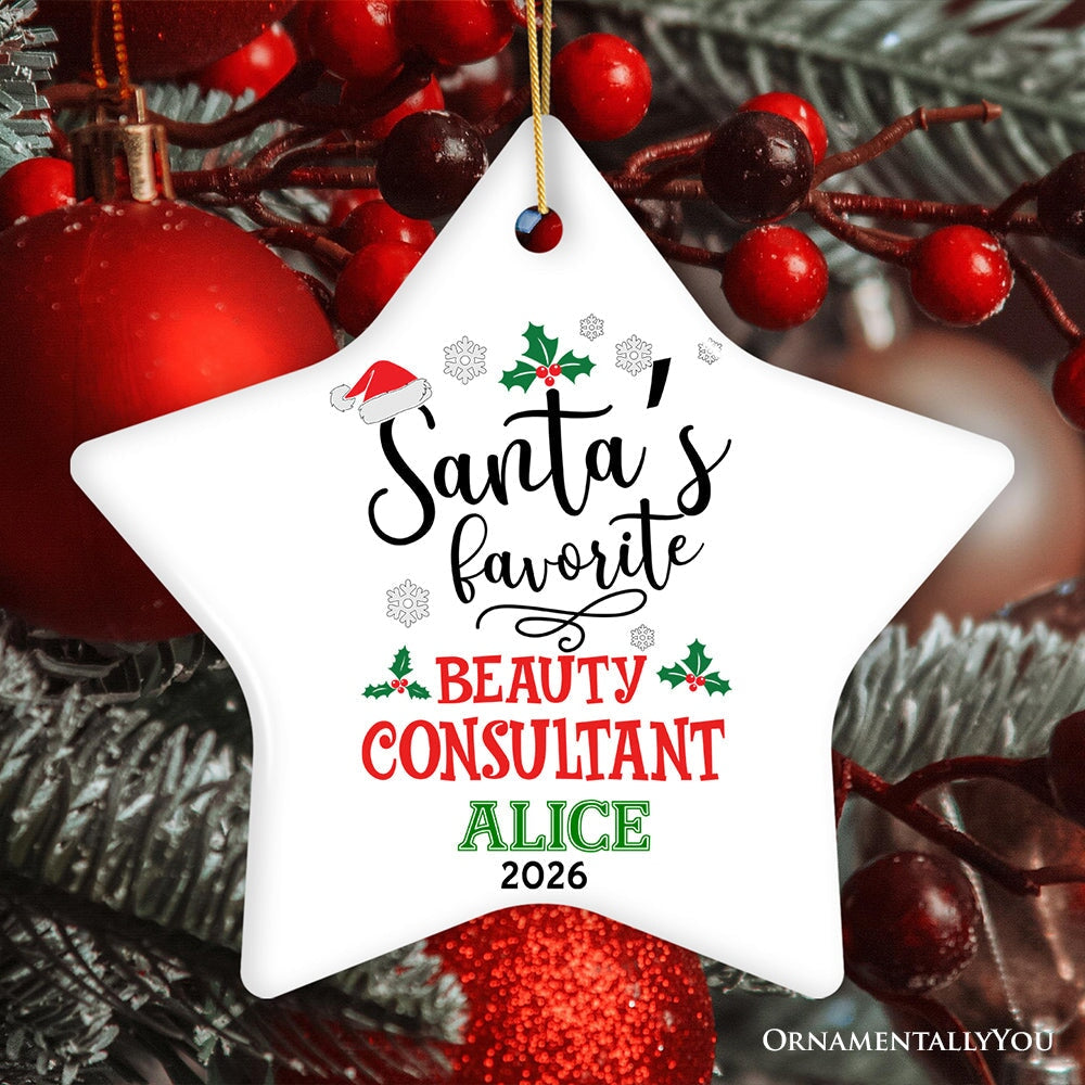 Glamorous Santa's Favorite Beauty Consultant Custom Christmas Ornament, Self-Care Advisor Makeup Artist Gift