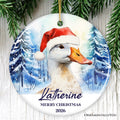 Goose with Santa Hat Personalized Ornament, Winter Forest Christmas Gift With Custom Name and Date