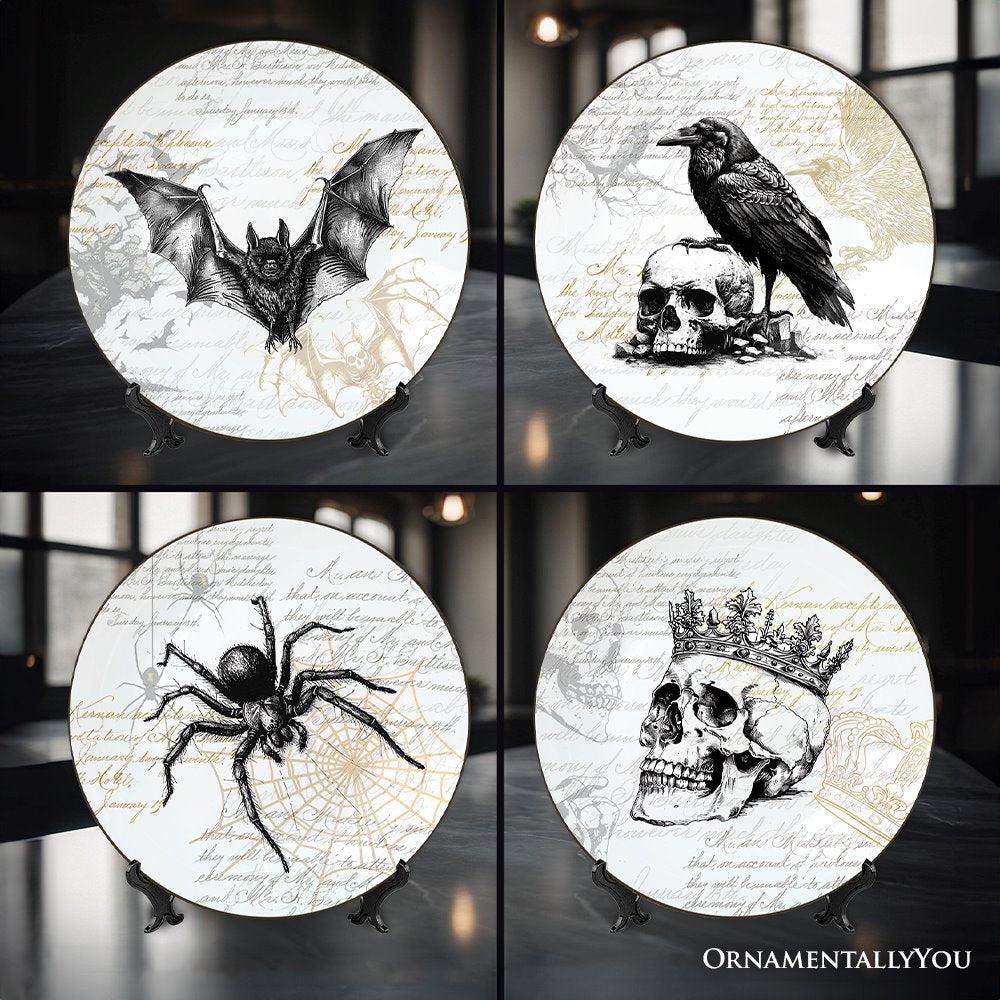 Gothic Elegance Set of 4 Plates with Real Gold Trim, Halloween Tableware Collection for Salad, Dessert, Appetizer, and Side Plates