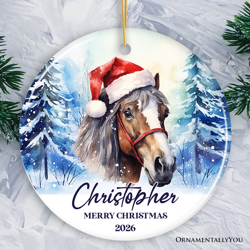 Horse with Santa Hat Personalized Ornament, Winter Forest Christmas Gift With Custom Name and Date