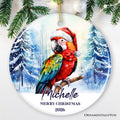 Macaw Parrot with Santa Hat Personalized Ornament, Winter Forest Christmas Gift With Custom Name and Date