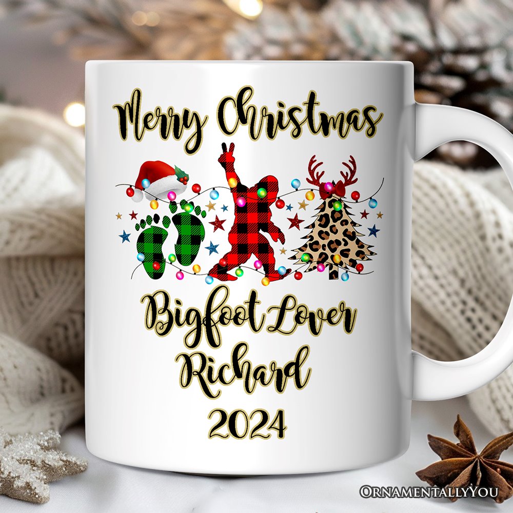 Personalized Mug Bigfoot Buffalo Plaid Christmas, Sasquatch Holiday Decoration