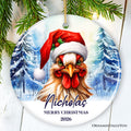 Rooster with Santa Hat Personalized Ornament Winter Forest Christmas Gift With Custom Name and Date