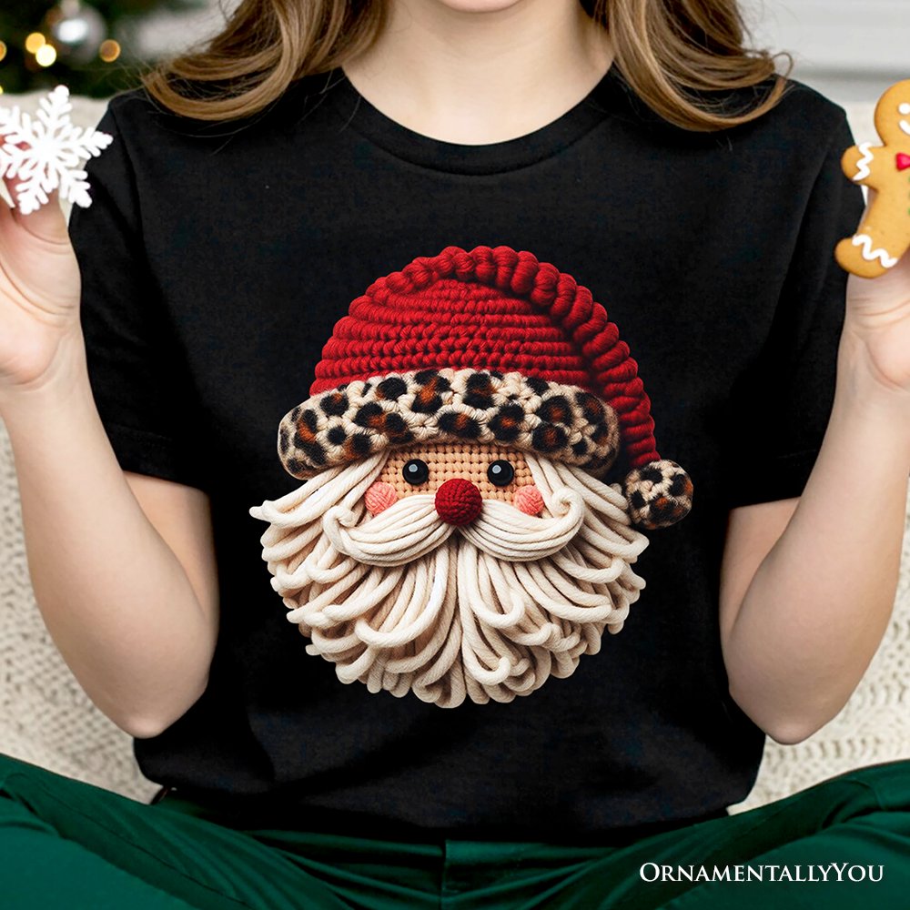 Santa Leopard Hat Christmas T-Shirt, Imitation Latch Hook Yarn Cozy Tee
