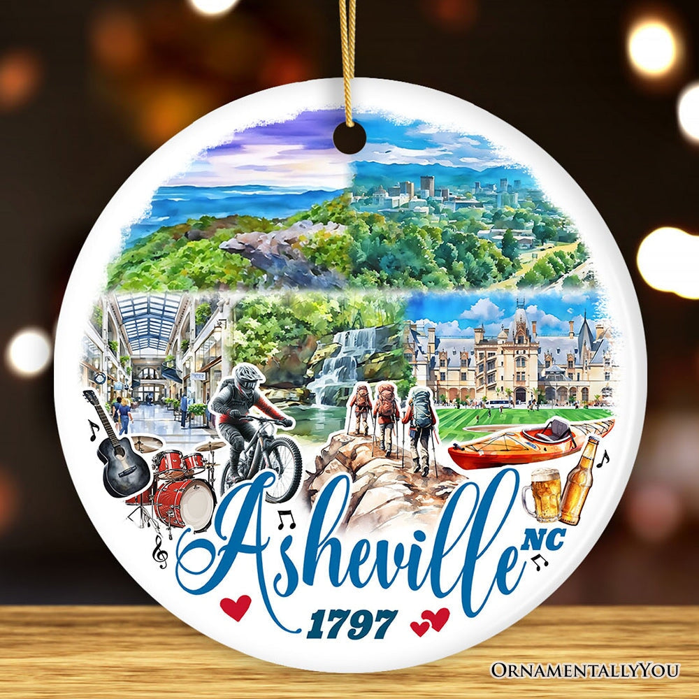 Scenic Asheville Mountain Town Ceramic Ornament, Nature and Historic North Carolina Christmas Gift and Tree Decor