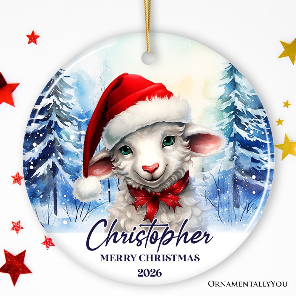 Sheep with Santa Hat Personalized Ornament, Winter Forest Christmas Gift With Custom Name and Date