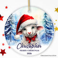 Sheep with Santa Hat Personalized Ornament, Winter Forest Christmas Gift With Custom Name and Date