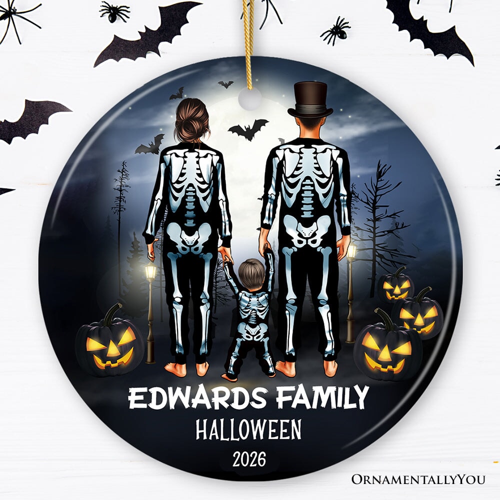 Spooky Family Customized Horror Theme Ornament, Halloween Tree Decoration, Skeleton Pajamas