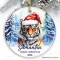 Tiger with Santa Hat Personalized Ornament, Winter Forest Christmas Gift With Custom Name and Date