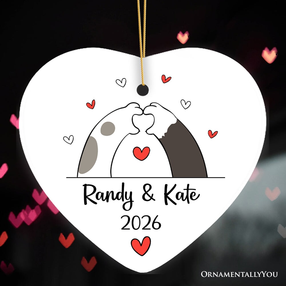 Valentine Cat Paw Heart Personalized Ornament, Cat Lover Custom Name Gift