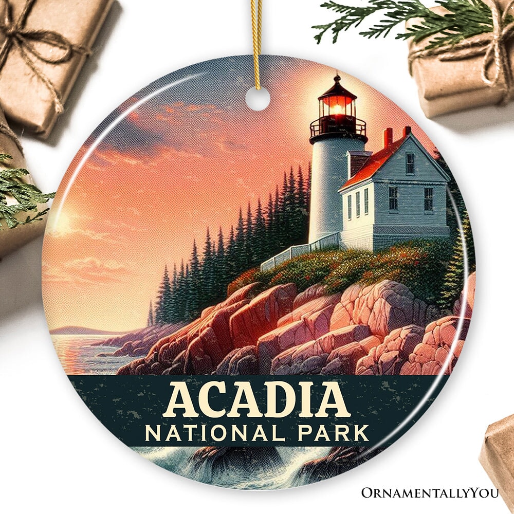 Vintage Acadia National Park Ornament, Maine Lighthouse Christmas Gift and Coastal New England Souvenir