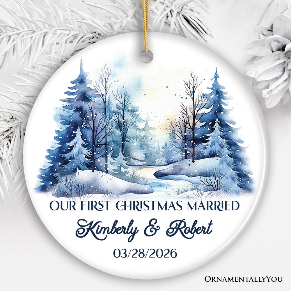 Winter Wonderland Forest Personalize Ornament, First Christmas Married Couple Gift