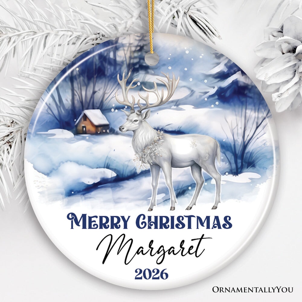 Winter Wonderland White Deer Personalized Ornament, Majestic Christmas Gift