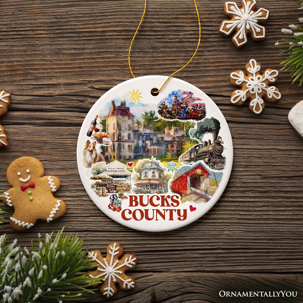 Artistic Bucks County Pennsylvania Vintage Ornament with Historical Scenery and Art, Ceramic Christmas Souvenir, New Hope and George Washington Crossing the Delaware