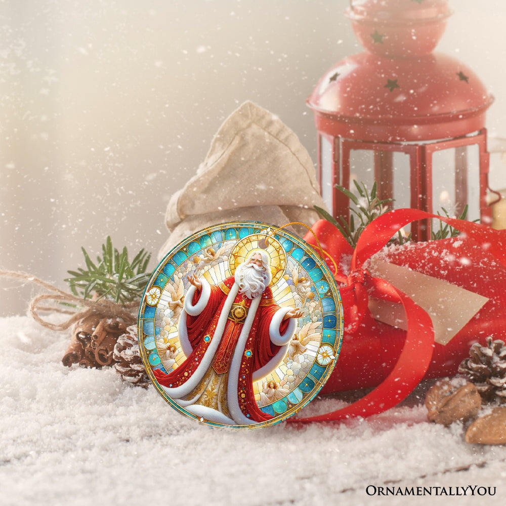 Majestic Holy Santa Stained Glass Themed Ceramic Ornament, Handcrafted Angelic Christmas Decor