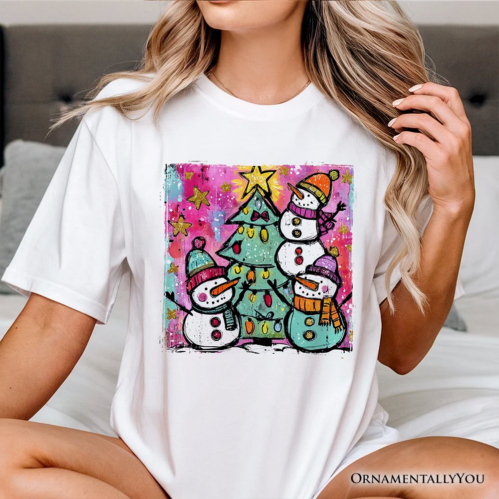 Watercolor Snowmen Christmas Tree T-Shirt, Vintage Holiday Retro Tee