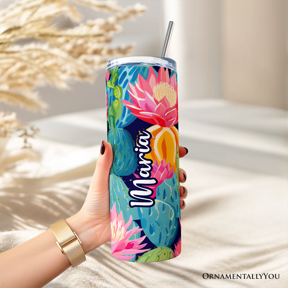 Blooming Desert Cactus Garden 20oz Personalized Tumbler With Lid and Stainless Steel Straw, Colorful Succulent Floral Gift Cup