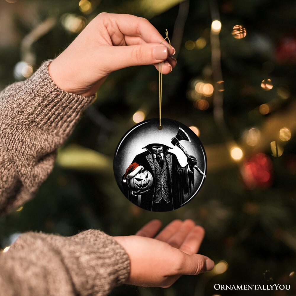 Creepy Headless Horseman And Pumpkin With Santa Hat Ornament, Horror Themed Christmas Decor for Halloween Tree