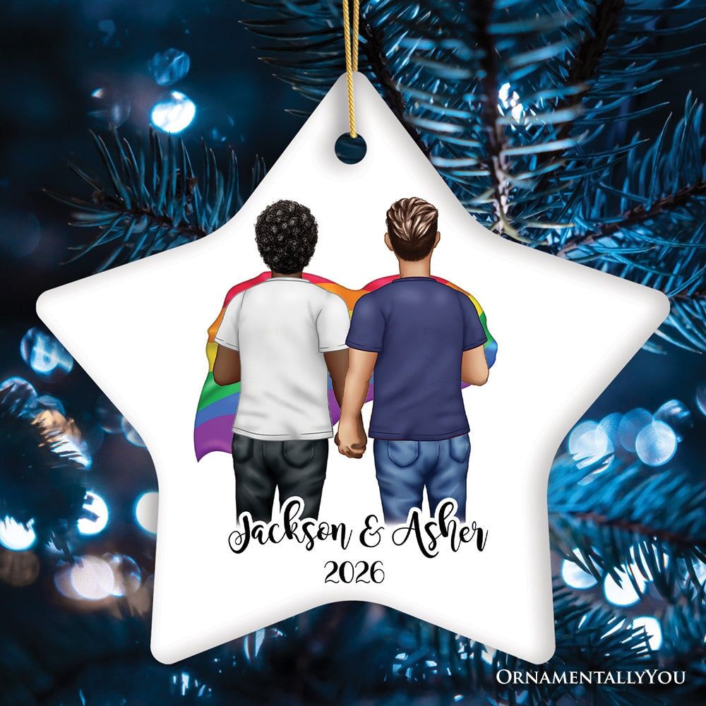 Pride Mens Couple Rainbow Flag Customized Christmas Ornament, LGBT and Gay Activism
