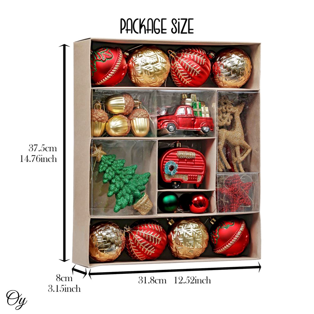 Rustic Christmas Adventure Ornament Bauble 60 Piece Set, Camping Truck, Acorns, Woods Theme