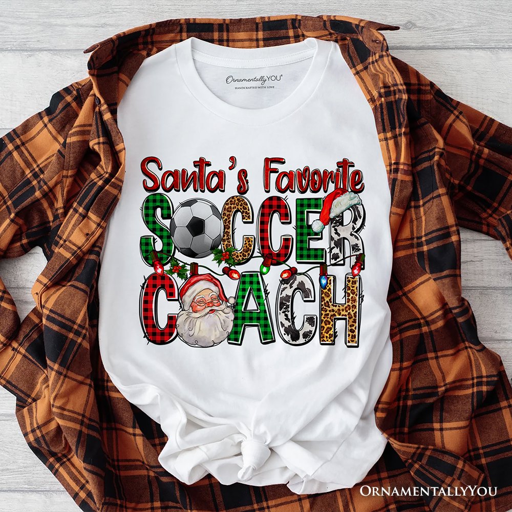 Santa’s Favorite Soccer Coach Plaid Christmas T-Shirt, Sports Team Holiday Tee