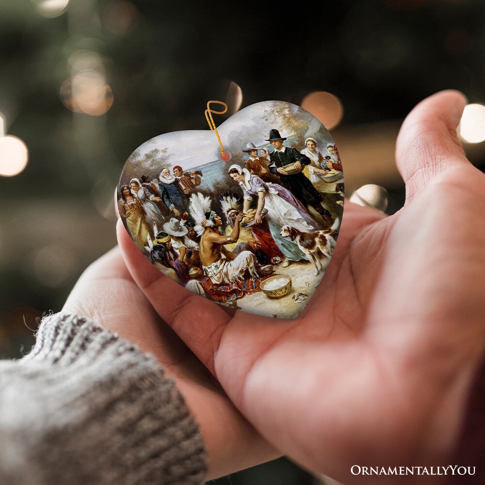 The First Thanksgiving Painting Vintage Ornament, Pilgrims and Native Americans Harmony