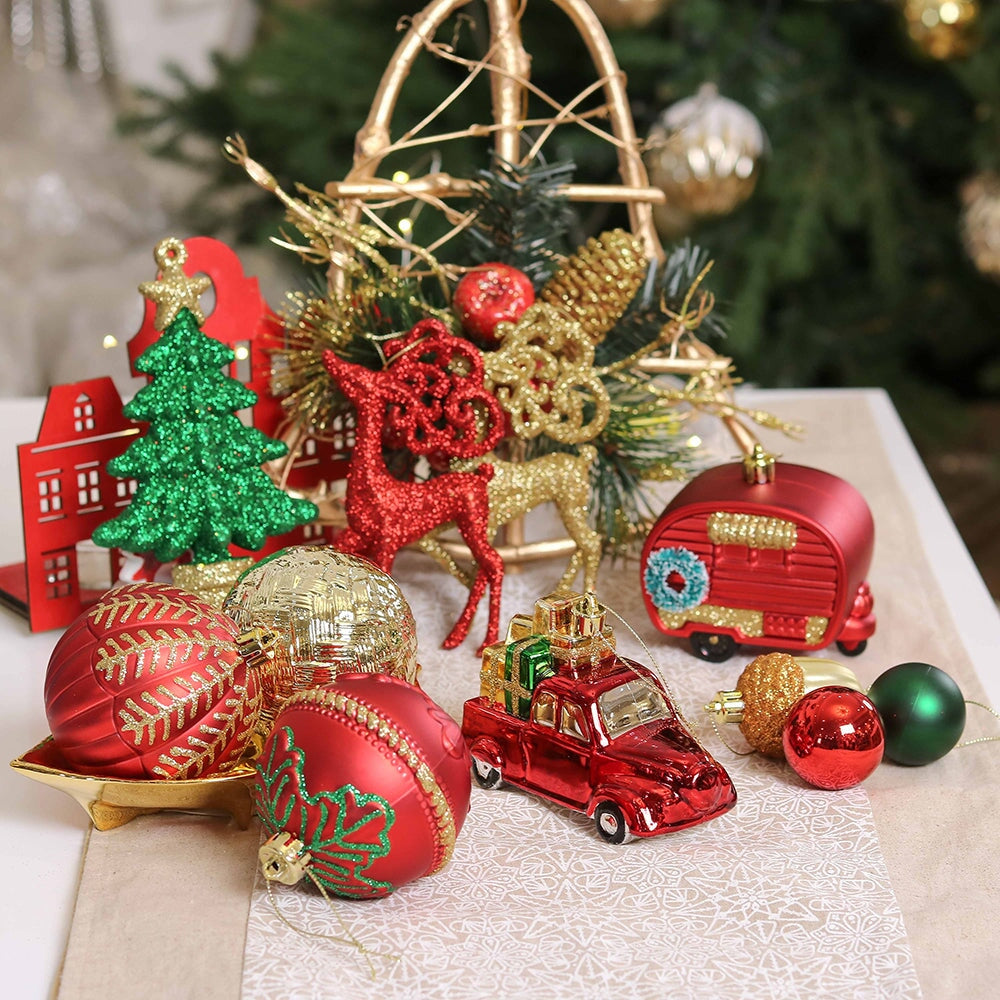 Rustic Christmas Adventure Ornament Bauble 60 Piece Set, Camping Truck, Acorns, Woods Theme