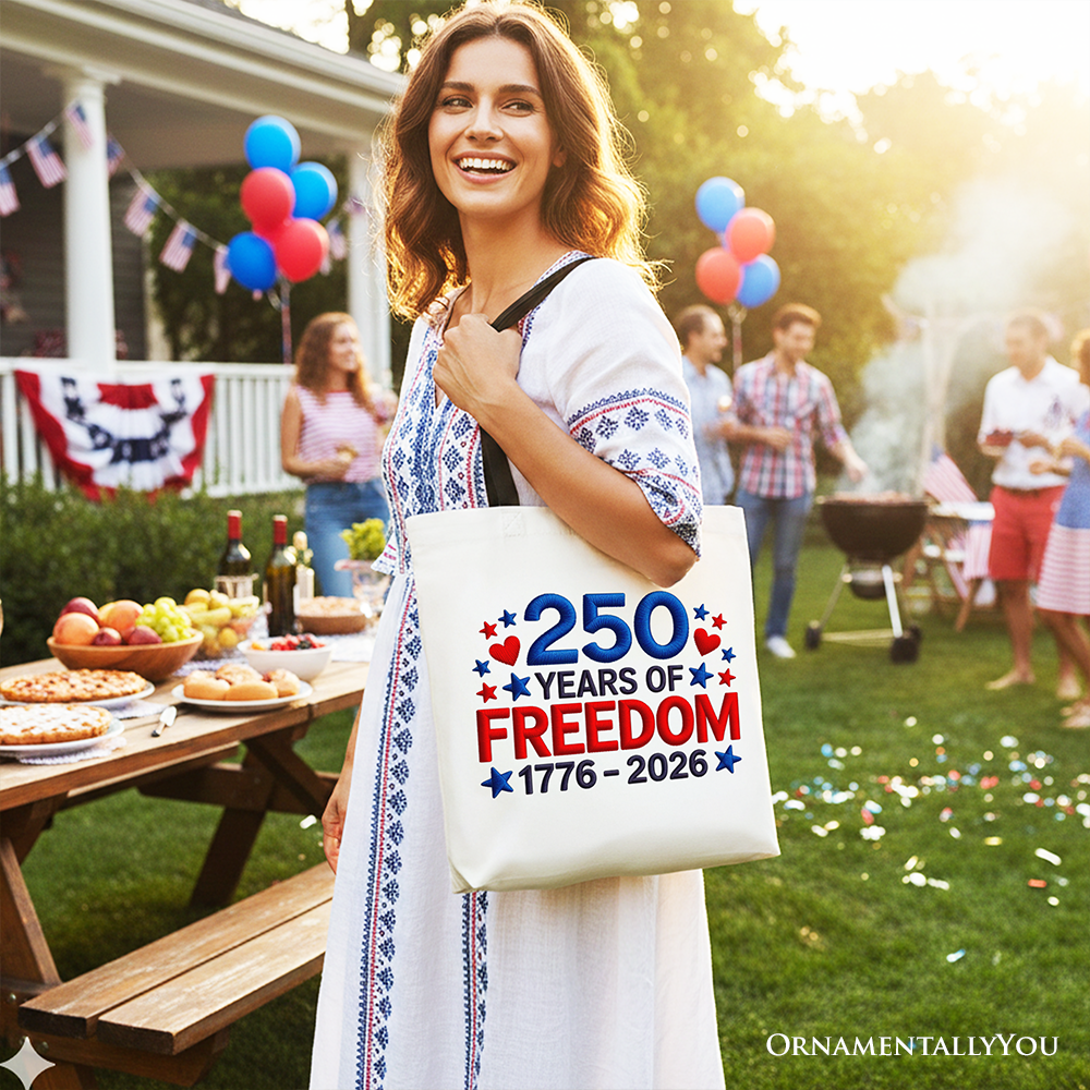 250 Years Freedom Faux Varsity Patch Tote Bag, 4th of July USA Patriotic 1776–2026 Gift Shopper