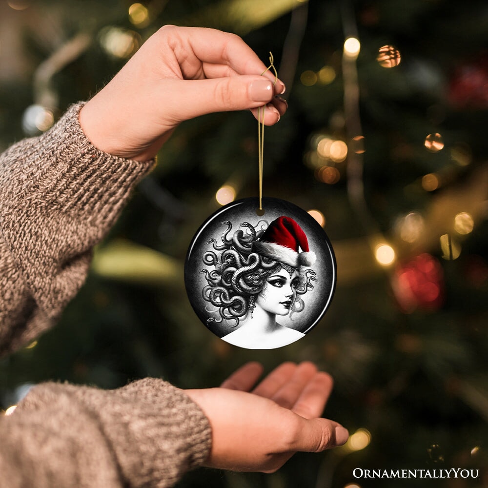 Bewitching Medusa with Santa Hat Ornament, Alluring Christmas Decoration for Halloween Tree Keepsake