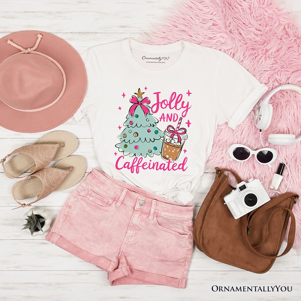 Jolly and Caffeinated Christmas Tree T-Shirt, Retro Coquette Coffee Holiday Tee