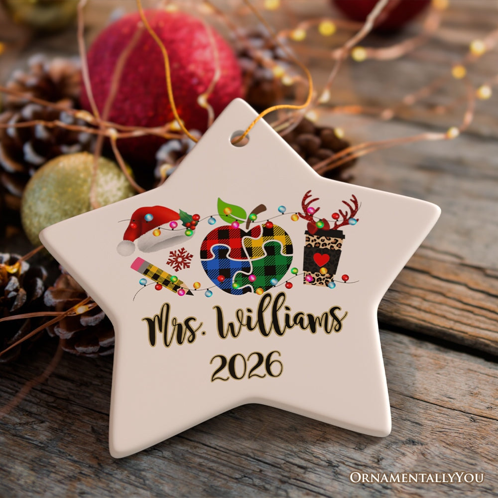 Personalized Autism Teacher Buffalo Plaid Leopard Merry Christmas Ornament, Thank You Gift